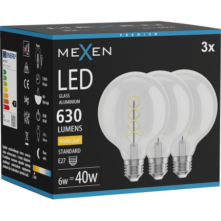 Mexen Vintis 3x żarówka filament spirala LED E27, G95, 6W, Ciepła - 2700K, 630 lm, clear - L167-E27-0627-00x03