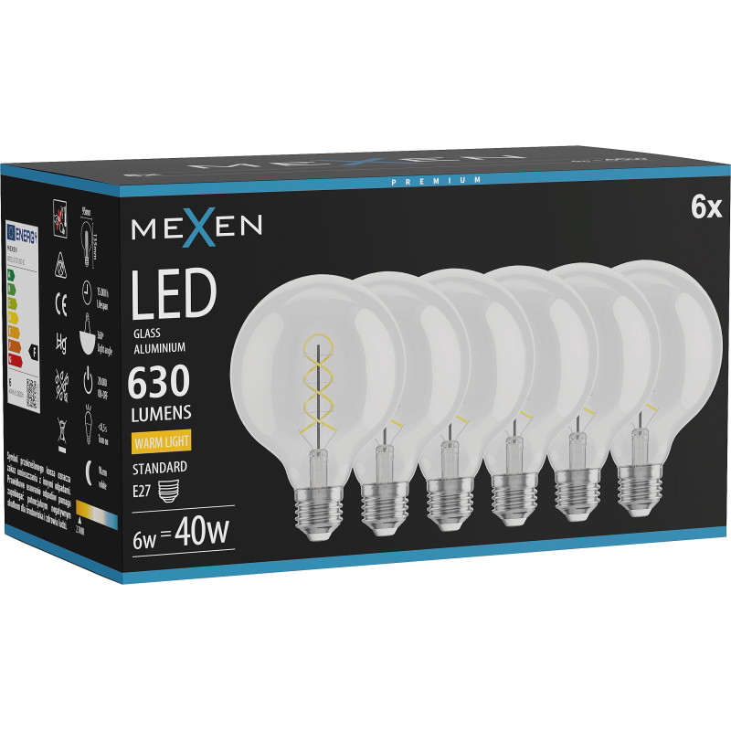 Mexen Vintis 6x żarówka filament spirala LED E27, G95, 6W, Ciepła - 2700K, 630 lm, clear - L167-E27-0627-00x06