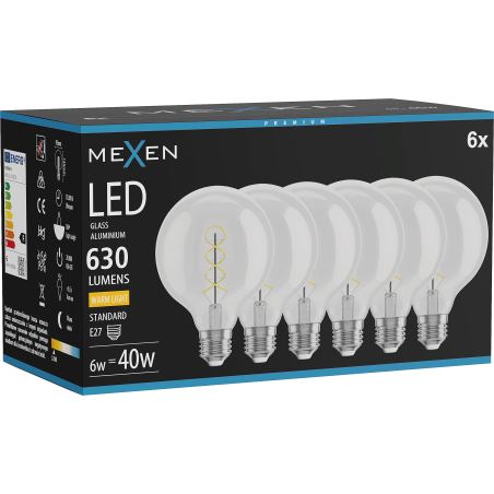 Mexen Vintis 6x żarówka filament spirala LED E27, G95, 6W, Ciepła - 2700K, 630 lm, clear - L167-E27-0627-00x06