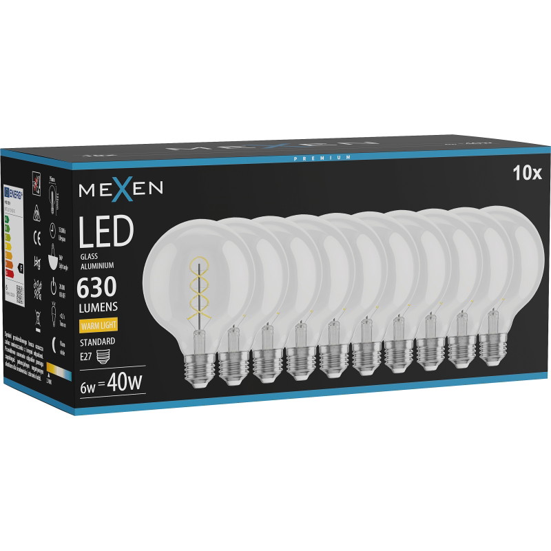 Mexen Vintis 10x żarówka filament spirala LED E27, G95, 6W, Ciepła - 2700K, 630 lm, clear - L167-E27-0627-00x10