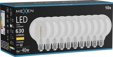 Mexen Vintis 10x żarówka filament spirala LED E27, G95, 6W, Ciepła - 2700K, 630 lm, clear - L167-E27-0627-00x10