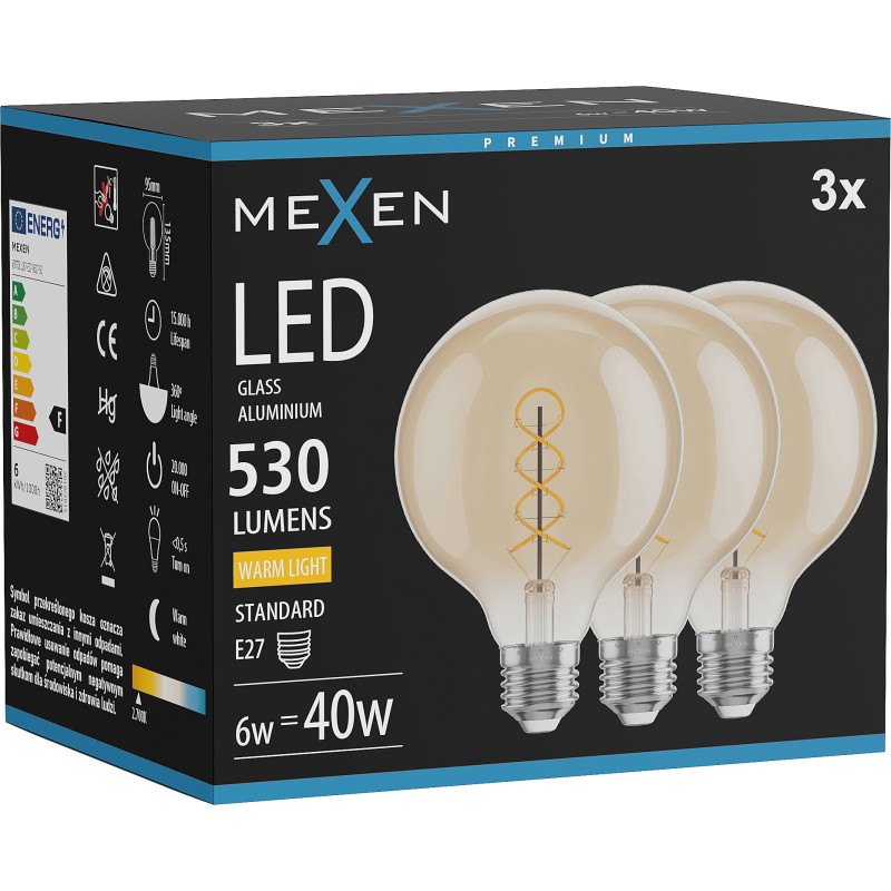 Mexen Vintis 3x żarówka filament spirala LED E27, G95, 6W, Ciepła - 2700K, 530 lm, amber - L167-E27-0627-50x03