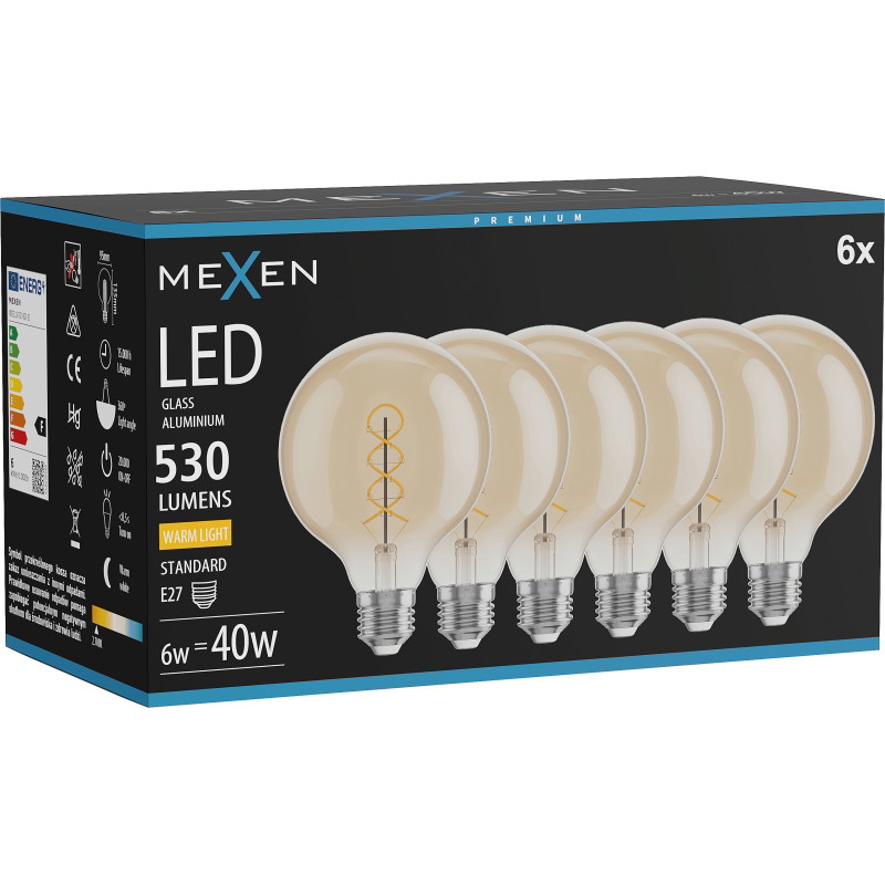 Mexen Vintis 6x żarówka filament spirala LED E27, G95, 6W, Ciepła - 2700K, 530 lm, amber - L167-E27-0627-50x06