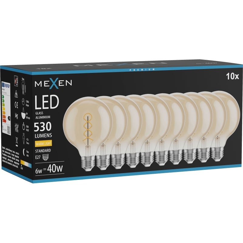 Mexen Vintis 10x żarówka filament spirala LED E27, G95, 6W, Ciepła - 2700K, 530 lm, amber - L167-E27-0627-50x10