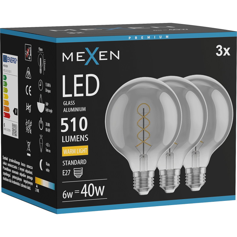 Mexen Vintis 3x żarówka filament spirala LED E27, G95, 6W, Ciepła - 2700K, 510 lm, smoke - L167-E27-0627-70x03