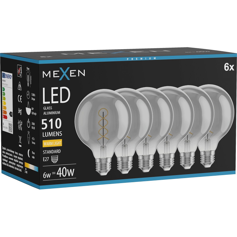 Mexen Vintis 6x żarówka filament spirala LED E27, G95, 6W, Ciepła - 2700K, 510 lm, smoke - L167-E27-0627-70x06