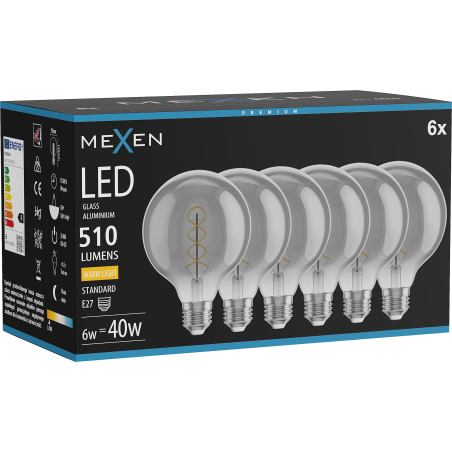 Mexen Vintis 6x żarówka filament spirala LED E27, G95, 6W, Ciepła - 2700K, 510 lm, smoke - L167-E27-0627-70x06