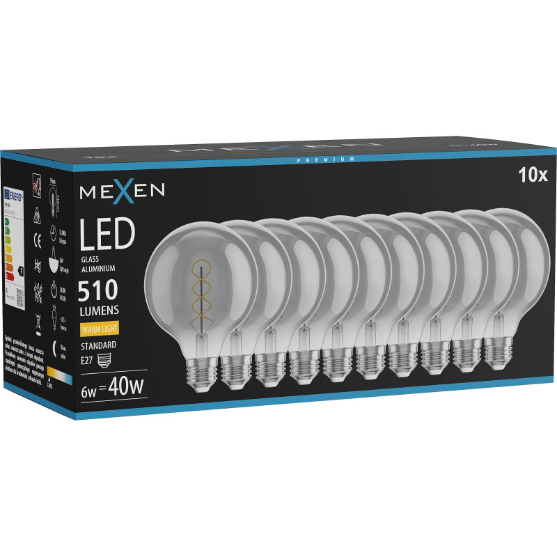 Mexen Vintis 10x żarówka filament spirala LED E27, G95, 6W, Ciepła - 2700K, 510 lm, smoke - L167-E27-0627-70x10