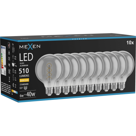 Mexen Vintis 10x żarówka filament spirala LED E27, G95, 6W, Ciepła - 2700K, 510 lm, smoke - L167-E27-0627-70x10