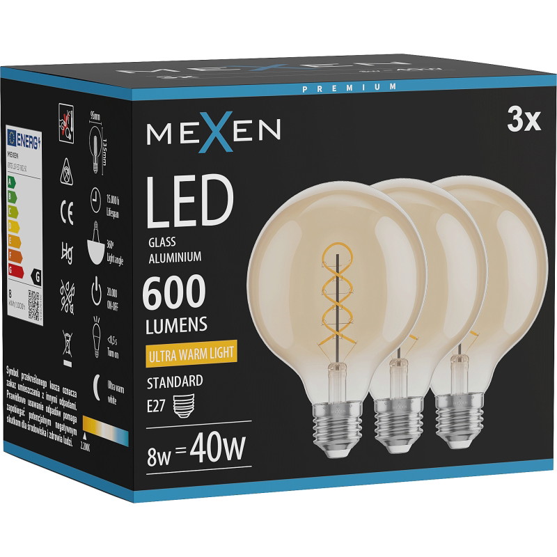 Mexen Vintis 3x żarówka filament spirala LED E27, G95, 8W, Ciepła - 2200K, 600 lm, amber - L167-E27-0822-50x03