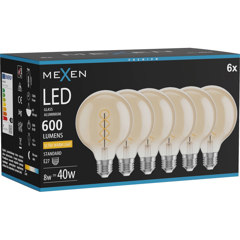 Mexen Vintis 6x żarówka filament spirala LED E27, G95, 8W, Ciepła - 2200K, 600 lm, amber - L167-E27-0822-50x06