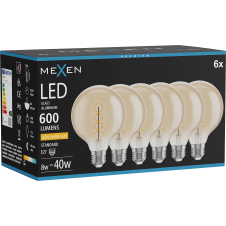 Mexen Vintis 6x żarówka filament spirala LED E27, G95, 8W, Ciepła - 2200K, 600 lm, amber - L167-E27-0822-50x06