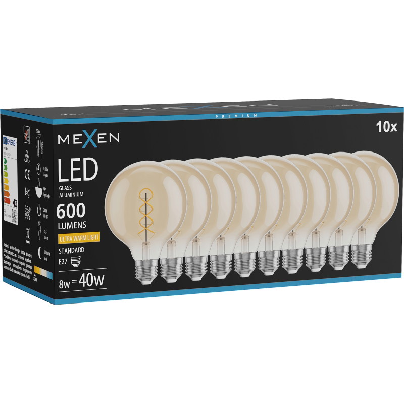 Mexen Vintis 10x żarówka filament spirala LED E27, G95, 8W, Ciepła - 2200K, 600 lm, amber - L167-E27-0822-50x10