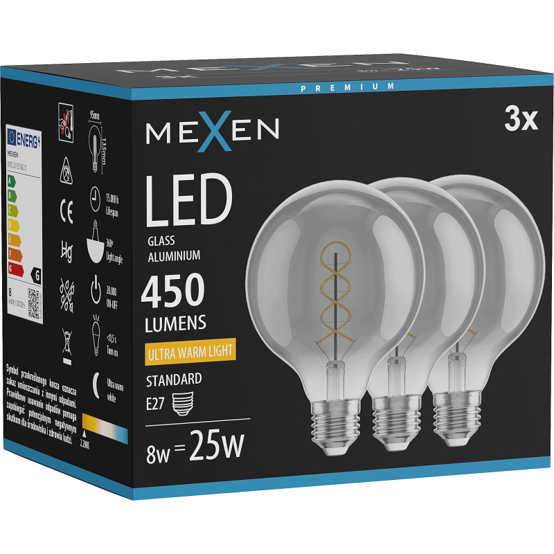Mexen Vintis 3x żarówka filament spirala LED E27, G95, 8W, Ciepła - 2200K, 450 lm, smoke - L167-E27-0822-70x03