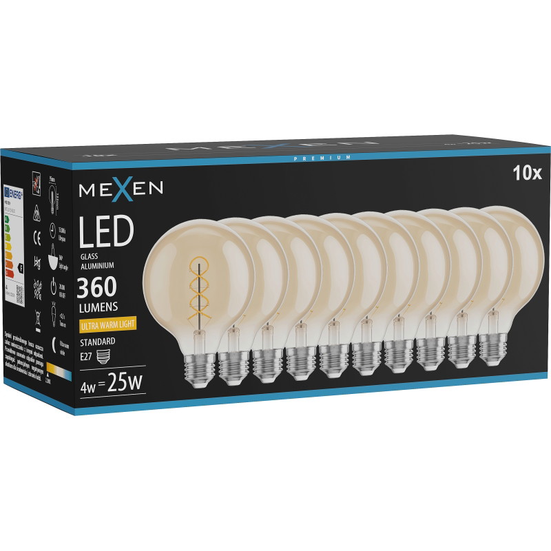 Mexen Vintis 10x żarówka filament spirala LED E27, G95, 4W, Ciepła - 2200K, 360 lm, amber - L167-E27-0422-50x10