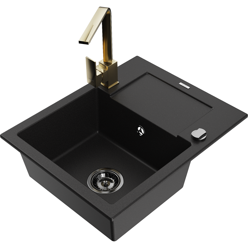 Mexen Enzo zlewozmywak granitowy 1-komorowy z ociekaczem i baterią kuchenną Rita, czarny - 6506-77-670300-50-B