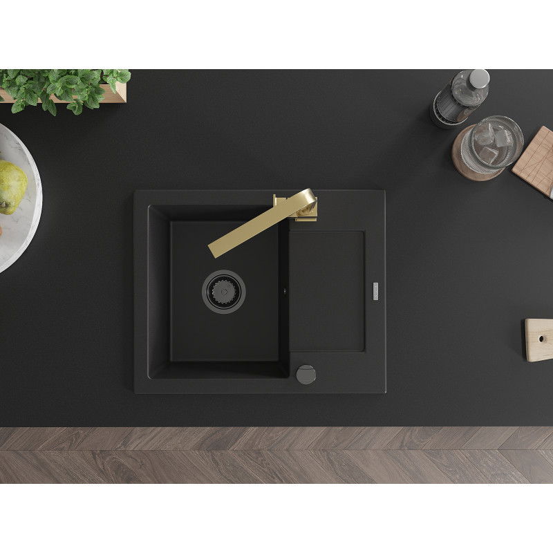 Mexen Enzo zlewozmywak granitowy 1-komorowy z ociekaczem i baterią kuchenną Rita, czarny - 6506-77-670300-50-B