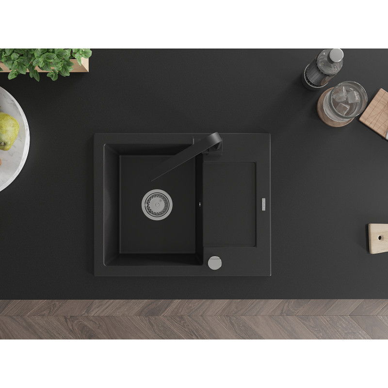 Mexen Enzo zlewozmywak granitowy 1-komorowy z ociekaczem i baterią kuchenną Rita, czarny - 6506-77-670300-70
