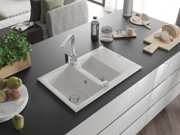 Mexen Gaspar zlewozmywak granitowy 1,5-komorowy z ociekaczem i baterią kuchenną Rita, biały - 6507-20-670300-00