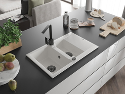 Mexen Gaspar zlewozmywak granitowy 1,5-komorowy z ociekaczem i baterią kuchenną Rita, biały - 6507-20-670300-70