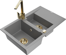 Mexen Gaspar zlewozmywak granitowy 1,5-komorowy z ociekaczem i baterią kuchenną Rita, szary - 6507-71-670300-50