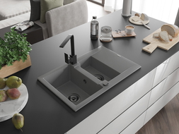 Mexen Gaspar zlewozmywak granitowy 1,5-komorowy z ociekaczem i baterią kuchenną Rita, szary - 6507-71-670300-70-B