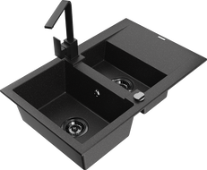 Mexen Gaspar zlewozmywak granitowy 1,5-komorowy z ociekaczem i baterią kuchenną Rita, czarny/srebrny  - 6507-73-670300-70-B