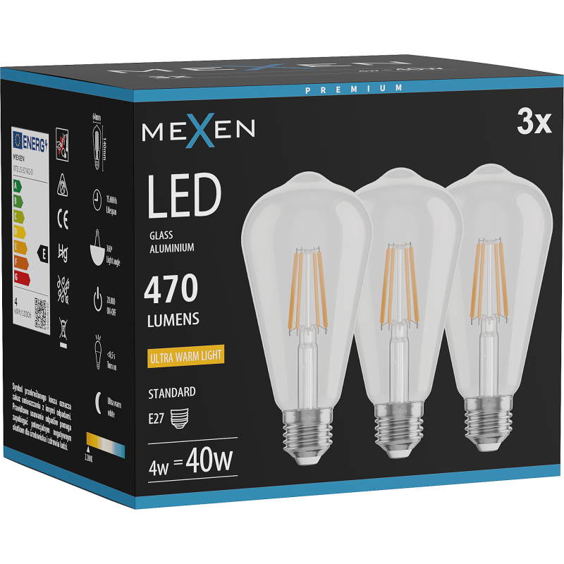 Mexen Vintis 3x żarówka filament LED E27, ST64, 4W, Ciepła - 2200K, 470 lm, clear - L152-E27-0422-00x03