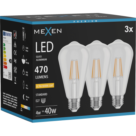 Mexen Vintis 3x żarówka filament LED E27, ST64, 4W, Ciepła - 2200K, 470 lm, clear - L152-E27-0422-00x03