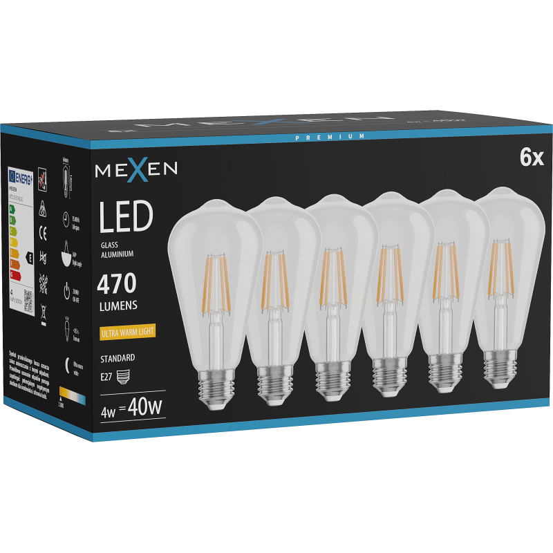 Mexen Vintis 6x żarówka filament LED E27, ST64, 4W, Ciepła - 2200K, 470 lm, clear - L152-E27-0422-00x06