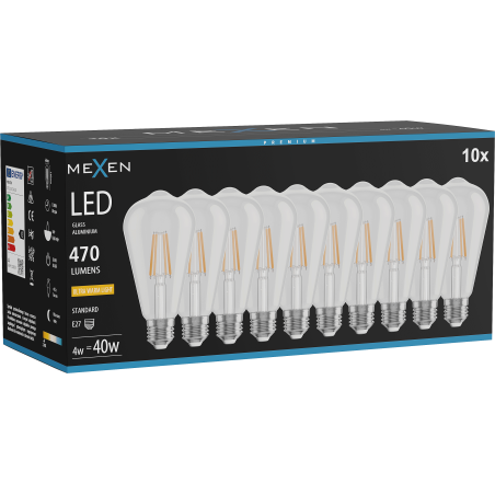 Mexen Vintis 10x żarówka filament LED E27, ST64, 4W, Ciepła - 2200K, 470 lm, clear - L152-E27-0422-00x10