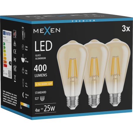 Mexen Vintis 3x żarówka filament LED E27, ST64, 4W, Ciepła - 2200K, 400 lm, amber - L152-E27-0422-50x03