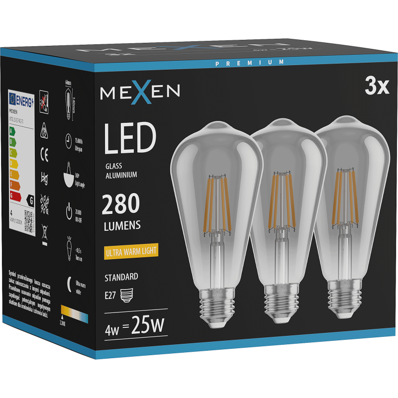Mexen Vintis 3x żarówka filament LED E27, ST64, 4W, Ciepła - 2200K, 300 lm, smoke - L152-E27-0422-70x03