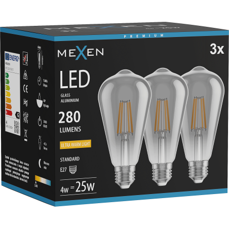 Mexen Vintis 3x żarówka filament LED E27, ST64, 4W, Ciepła - 2200K, 300 lm, smoke - L152-E27-0422-70x03