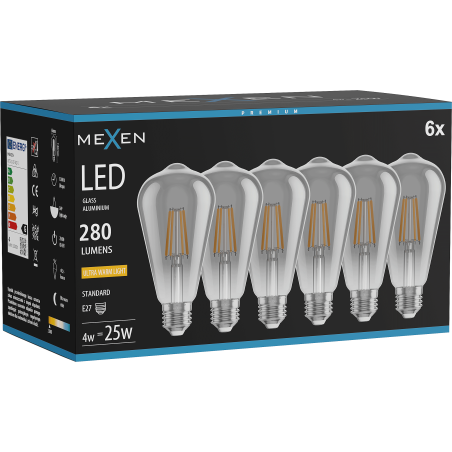 Mexen Vintis 6x żarówka filament LED E27, ST64, 4W, Ciepła - 2200K, 300 lm, smoke - L152-E27-0422-70x06