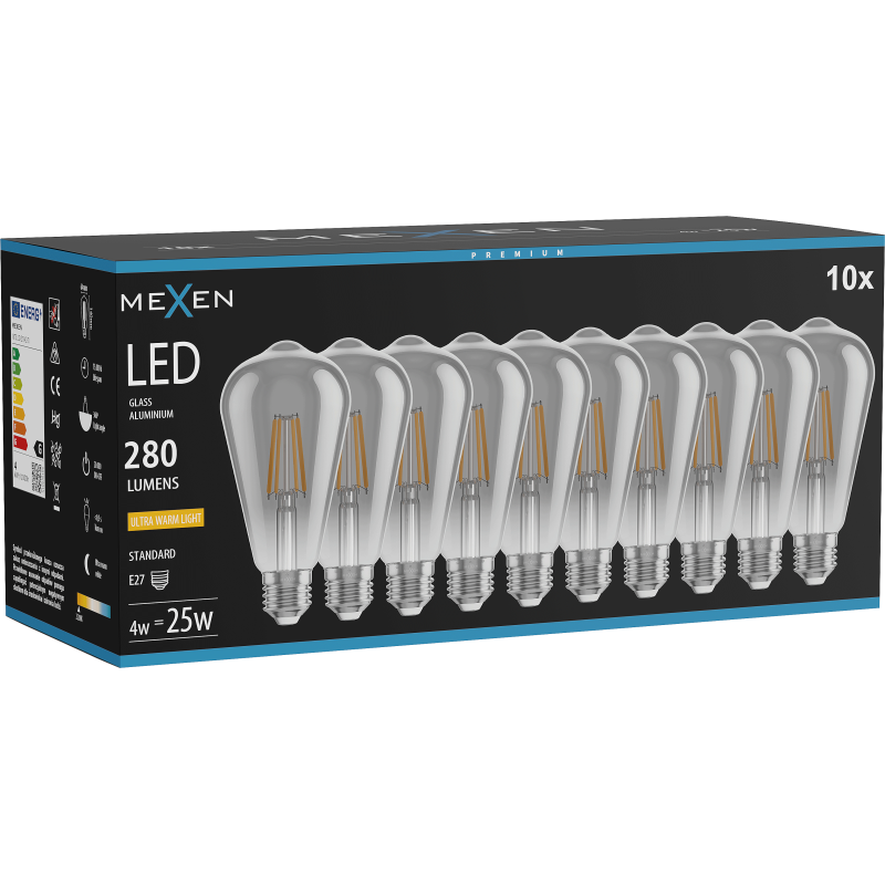 Mexen Vintis 10x żarówka filament LED E27, ST64, 4W, Ciepła - 2200K, 300 lm, smoke - L152-E27-0422-70x10