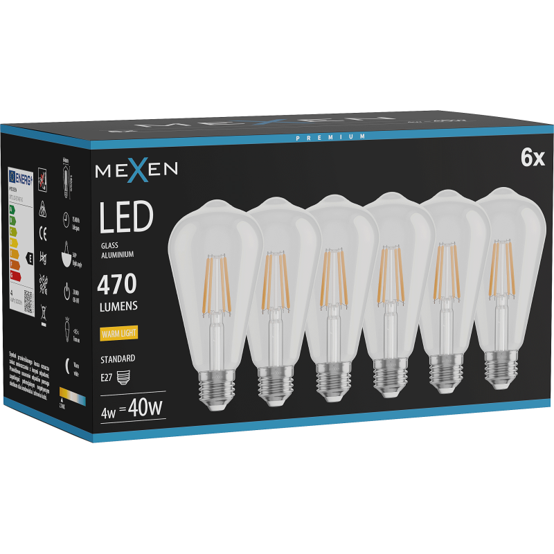 Mexen Vintis 6x żarówka filament LED E27, ST64, 4W, Ciepła - 2700K, 470 lm, clear - L152-E27-0427-00x06