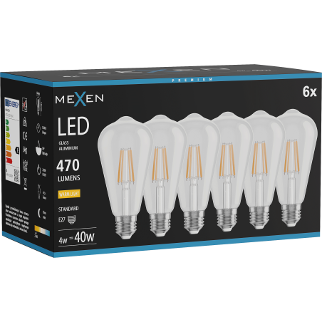 Mexen Vintis 6x żarówka filament LED E27, ST64, 4W, Ciepła - 2700K, 470 lm, clear - L152-E27-0427-00x06
