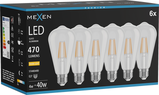 Mexen Vintis 6x żarówka filament LED E27, ST64, 4W, Ciepła - 2700K, 470 lm, clear - L152-E27-0427-00x06