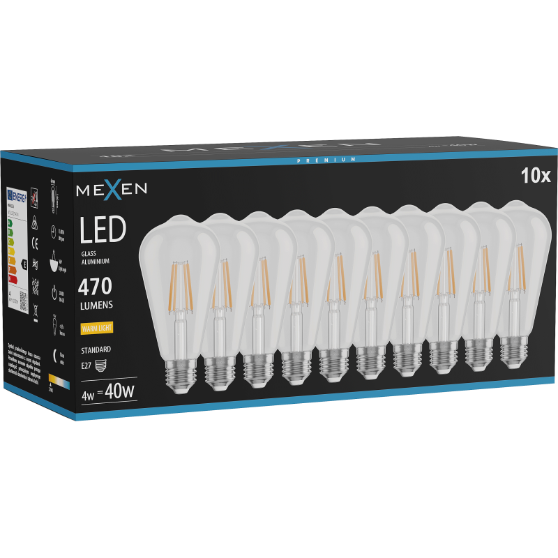 Mexen Vintis 10x żarówka filament LED E27, ST64, 4W, Ciepła - 2700K, 470 lm, clear - L152-E27-0427-00x10