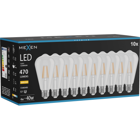 Mexen Vintis 10x żarówka filament LED E27, ST64, 4W, Ciepła - 2700K, 470 lm, clear - L152-E27-0427-00x10