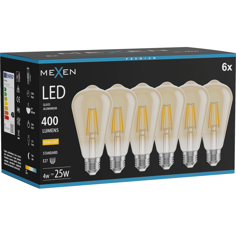 Mexen Vintis 6x żarówka filament LED E27, ST64, 4W, Ciepła - 2700K, 400 lm, amber - L152-E27-0427-50x06