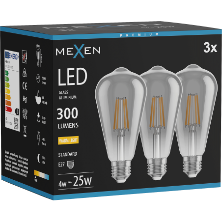 Mexen Vintis 3x żarówka filament LED E27, ST64, 4W, Ciepła - 2700K,  300 lm, smoke - L152-E27-0427-70x03