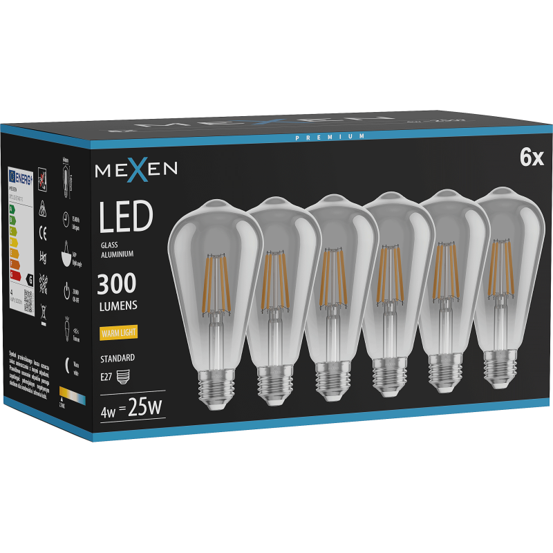 Mexen Vintis 6x żarówka filament LED E27, ST64, 4W, Ciepła - 2700K,  300 lm, smoke - L152-E27-0427-70x06