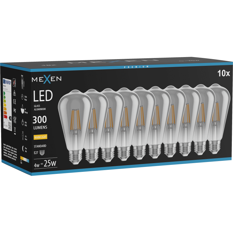 Mexen Vintis 10x żarówka filament LED E27, ST64, 4W, Ciepła - 2700K,  300 lm, smoke - L152-E27-0427-70x10