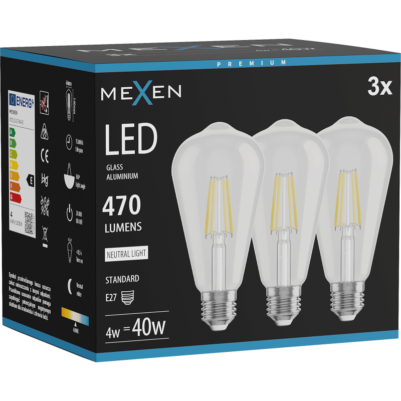 Mexen Vintis 3x żarówka filament LED E27, ST64, 4W, Neutralna - 4000K, 470 lm, clear - L152-E27-0440-00x03