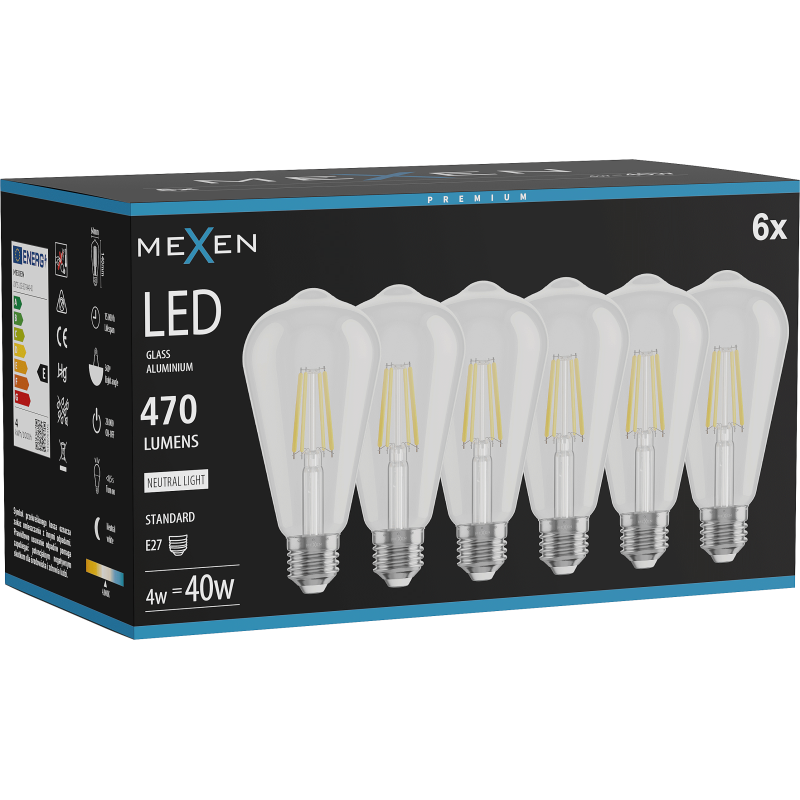 Mexen Vintis 6x żarówka filament LED E27, ST64, 4W, Neutralna - 4000K, 470 lm, clear - L152-E27-0440-00x06