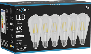 Mexen Vintis 6x żarówka filament LED E27, ST64, 4W, Neutralna - 4000K, 470 lm, clear - L152-E27-0440-00x06