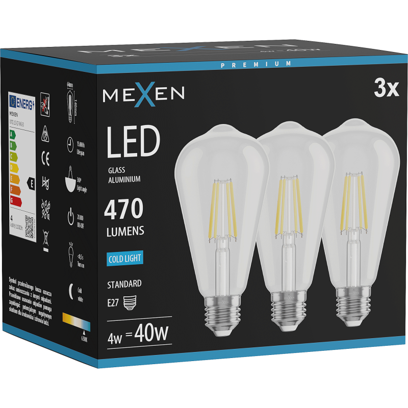 Mexen Vintis 3x żarówka filament LED E27, ST64, 4W, Zimna - 6500K, 470 lm, clear - L152-E27-0465-00x03