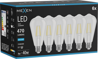 Mexen Vintis 6x żarówka filament LED E27, ST64, 4W, Zimna - 6500K, 470 lm, clear - L152-E27-0465-00x06